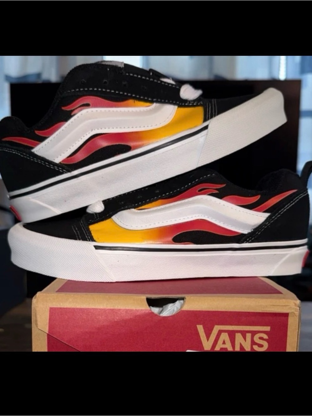Vans Kids Old Skool Flame Skate Shoes - Black/Yellow/Red Flames